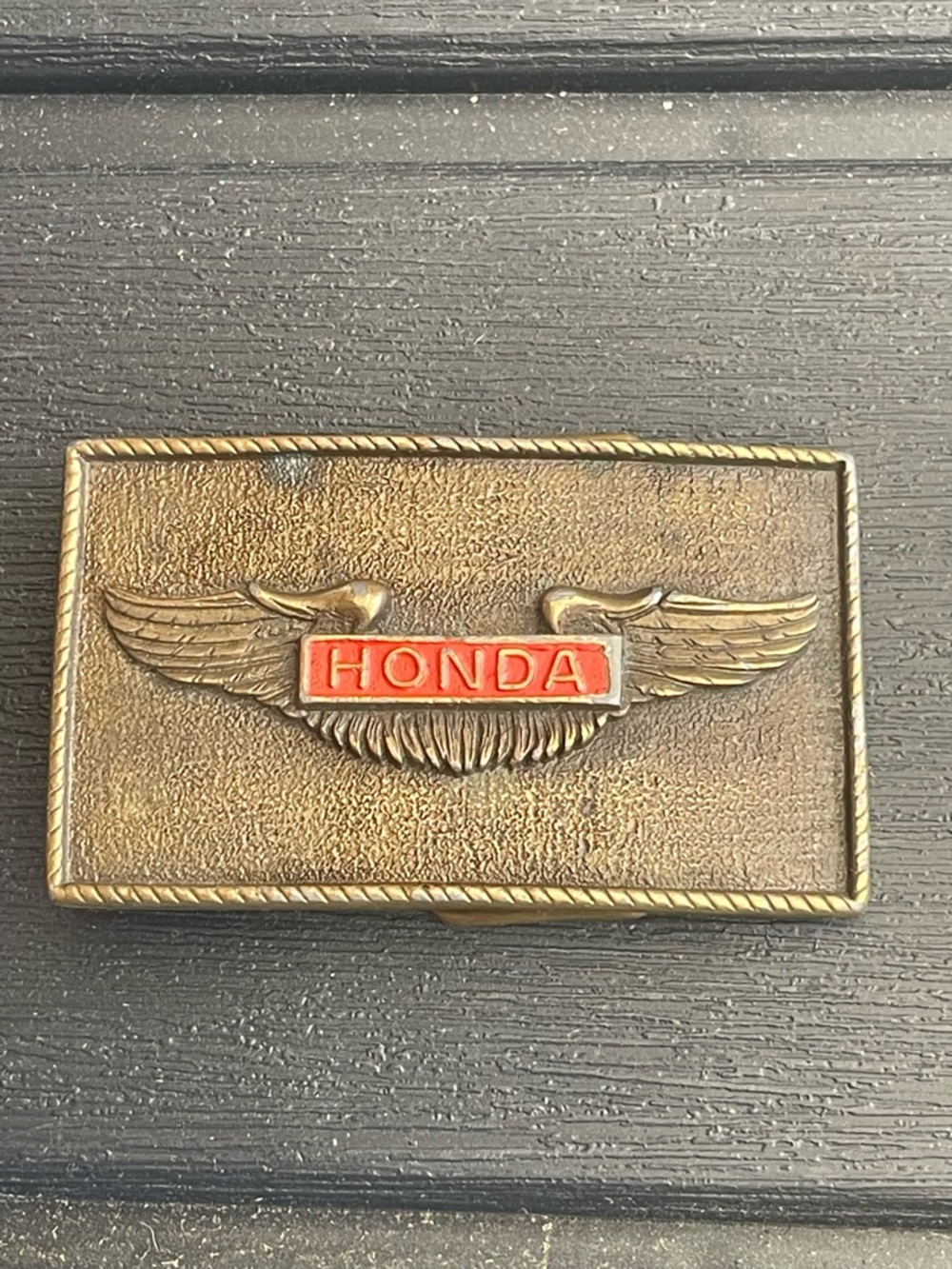 Vintage HONDA Brass Wing Logo Belt Buckle - Red Accent